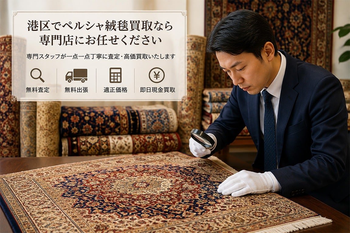 港区でペルシャ絨毯買取を行う専門スタッフが高級ペルシャ絨毯を丁寧に査定している様子